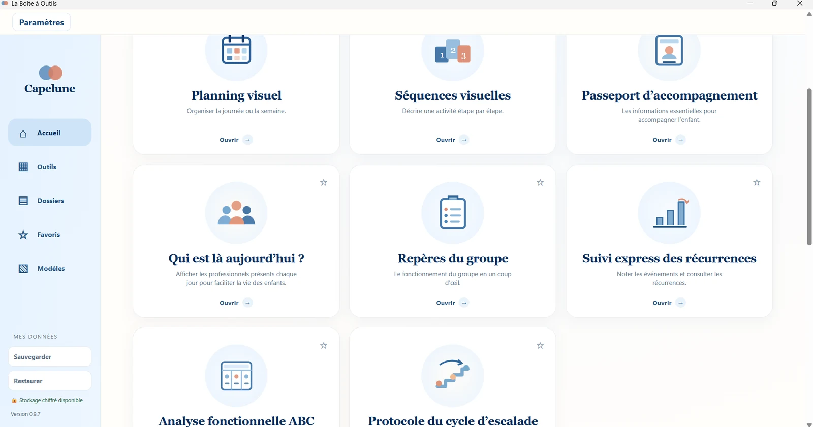 Écran d’accueil de La Boîte à outils version 0.9.7 avec l’identité Capelune et les différents modules du logiciel